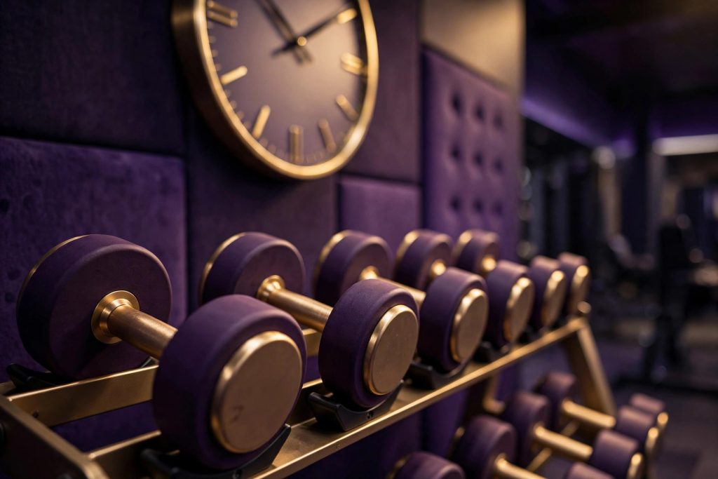 Dumbbell rack with wall clock showing gym hours