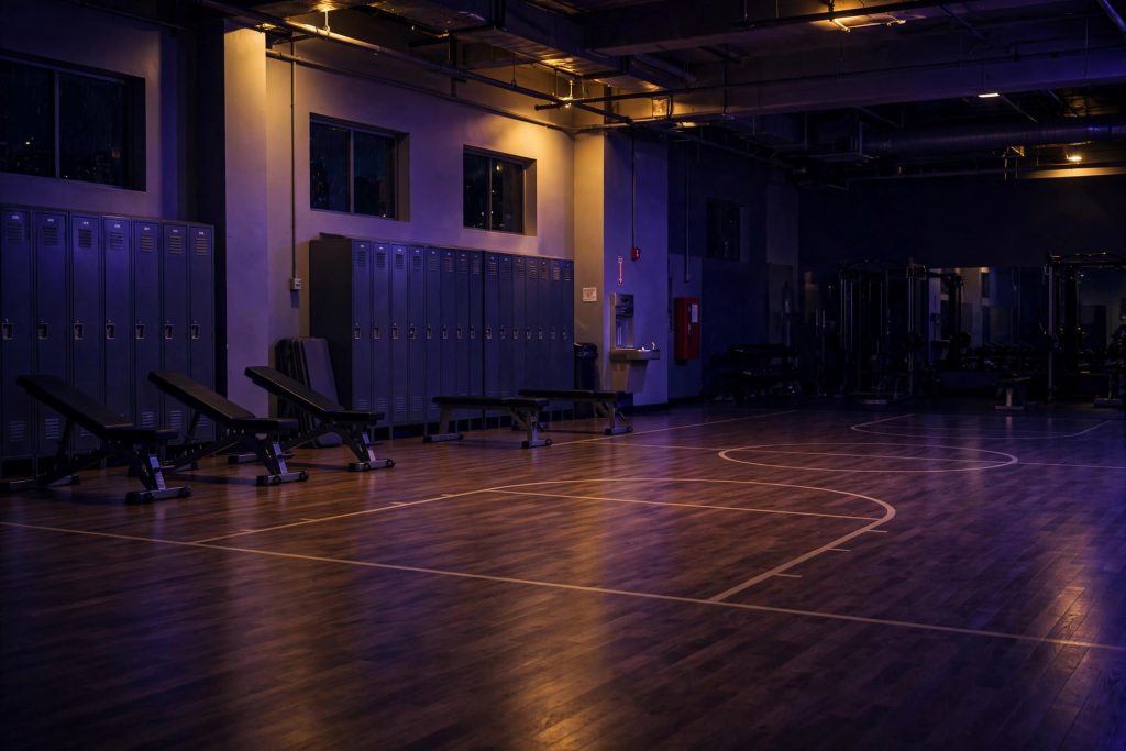 Empty gym floor at night after closing time