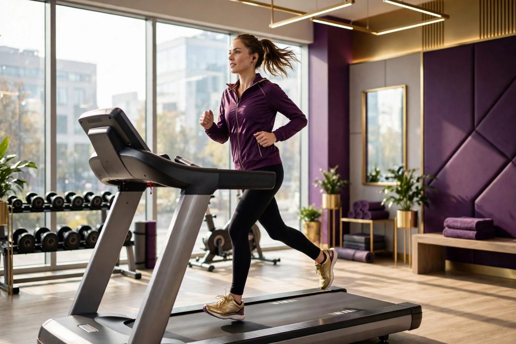 Woman running on treadmill in a bright gym